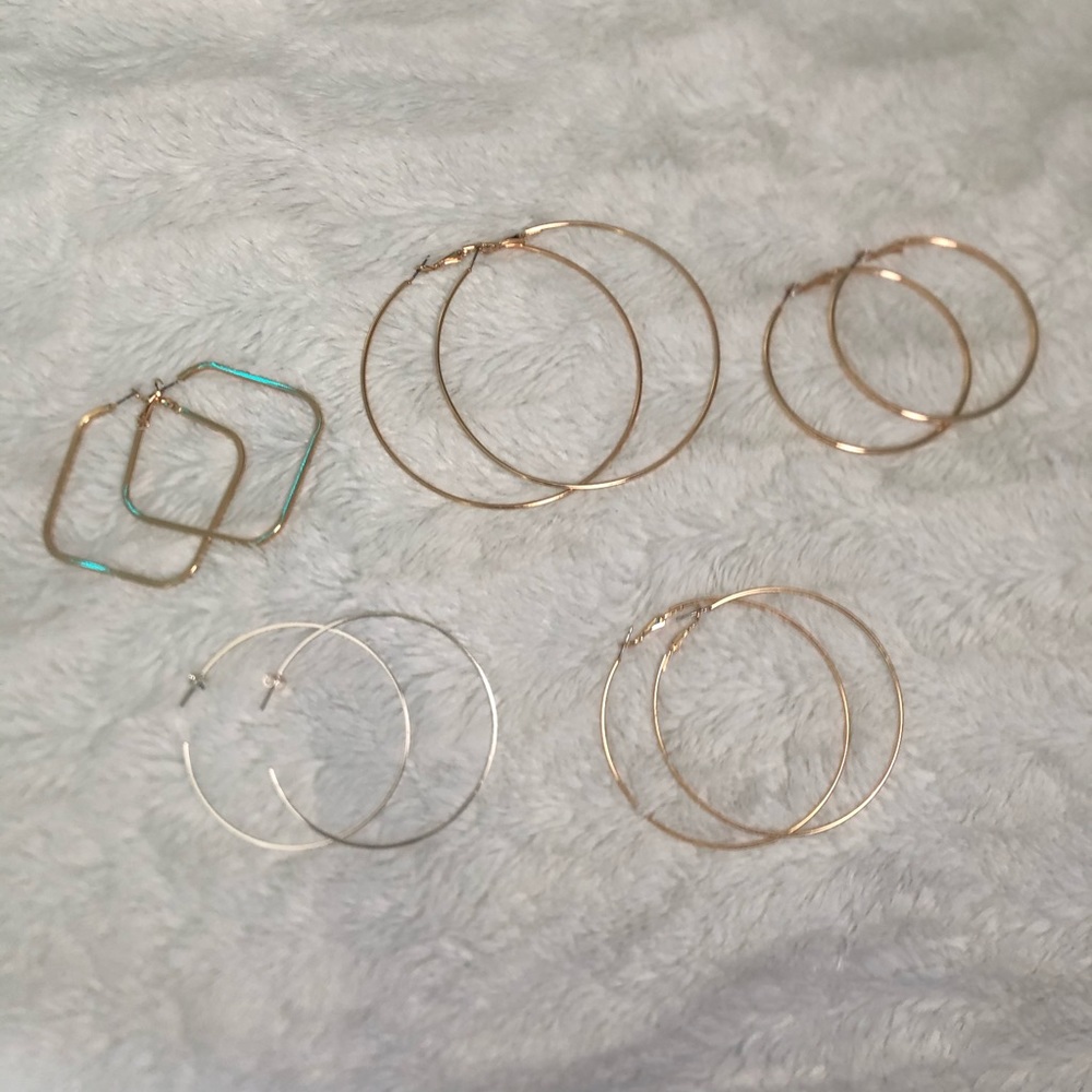 5 Pairs Gold and Silver Hoop and Square Earrings